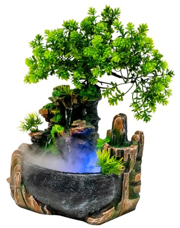 Harz Tischbrunnen Wasserfall mit Nebel Zimmerbrunnen mit LED Beleuchtung Tisch Springbrunnen Zerstäubung Grüne Pflanze Brunnen Luftbefeuchter Springbrunnen für Heimdekoration, Foyer, Büro, Küchentisch