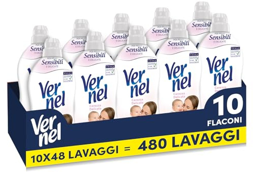Ammorbidente Concentrato Vernel Carezza Delicata (10 x 48 lavaggi), Ammorbidente Concentrato per Tutti i Tessuti, con Fragranza Ipoallergenica, Approvato Dermatologicamente per Pelli Sensibili