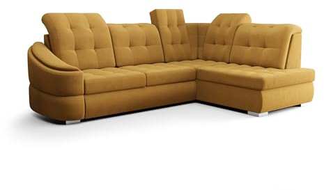 O-Sofa Ecksofa Kongo RBN09, Eckcouch in L-Form mit Schlaffunktion, Farbe: Gelb, Velourstoff, Ottomane Rechts