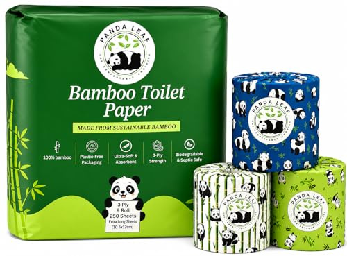 Panda Leaf Premium Bamboo Toilet Roll Pack of 9 | 3 Ply Ultra Soft & Strong | 250 Sheets Per Roll | Extra Large Sheets | Plastic-Free Packaging | Biodegradable & Septic Safe