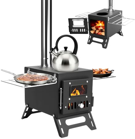 Poêle à bois, réchaud de camping portable avec fenêtre de visualisation de 100 x 60 mm, grille d'aération réglable, poêle à bois d'extérieur à 5 tuyaux, brûleur à bûches de camping pour camping et