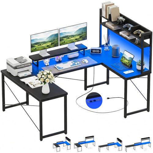 Homieasy Bureau Gaming d'angle Réversible L Ou U avec LED | Bois Et Métal, 189 X 106 Cm, LED RVB Avec Application, Prises CA, USB-A Et USB-C, Rangement