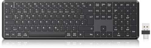 TECURS Kabellose Bluetooth Tastatur, QWERTZ Layout | Wiederaufladbar, Verbindet 3 Geräte, Ergonomisch, Leise Tasten, Multimedia-Tasten, Kompatibel mit Windows & macOS