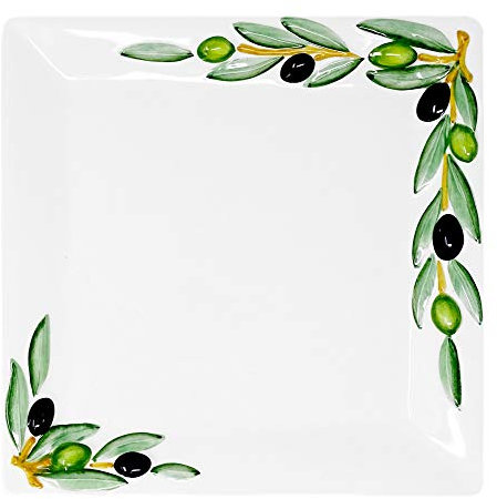 Lashuma Handgemachte Servierplatte aus Italienischer Keramik, Fleisch Platte im Oliven Design, Servierteller eckig 27x27 cm