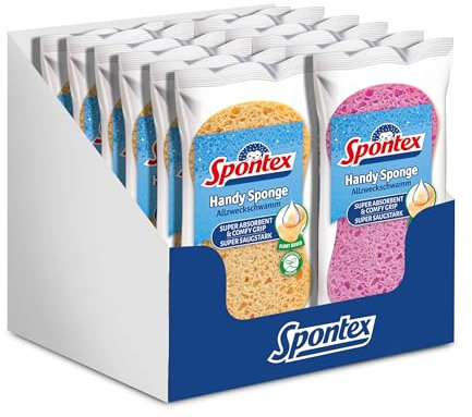 Spontex Allzweckschwamm Handy Sponge, 12er Pack, kompostierbare Schwämme aus natürlicher Zellulose, saugstark, je 15 x 8 cm
