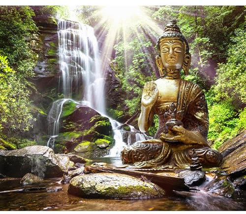 Fototapete murando 350x256 cm Vlies Tapeten Wandtapete XXL Moderne Wanddeko Design Wand Dekoration Wohnzimmer Schlafzimmer Büro Flur Natur Buddha Wald Wasserfall Asia h-C-0033-a-b