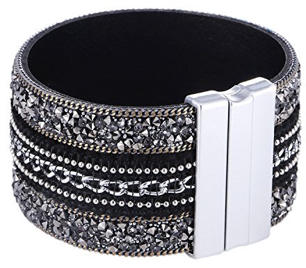 Morella Damen Glitzerarmband breit verziert mit Zirkoniasteinen und Magnetverschluss schwarz Silber