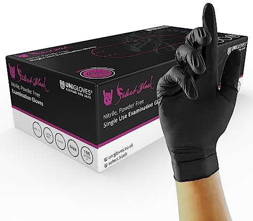 Unigloves Select Black Nitrile GT0033 Single Use Examination - Multipurpose, Powder Free Disposable Gloves, Optimised for Tattoo/Piercing and Beauty, Box of 100 Gloves, Black, Medium