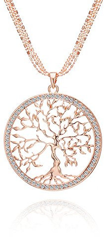 Ouran Baum des Lebens Halskette für Frauen, Charm Anhänger Halskette mit Crystal Rose Gold oder Silber Lange Kette Halskette für Mädchen Geschenk (Roségold)