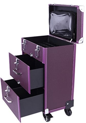 Extra Lager Luxury Leather Hairdressing Make up Beauty Trolley Case -Rolling Trolley Makeup Beauty Train Carry Case Cosmetics Art Cosmetic Box (Purple)