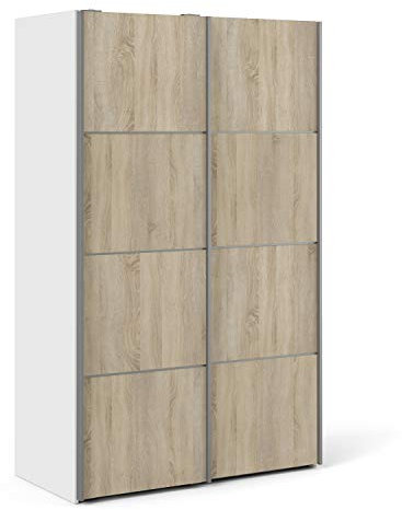 Furniture To Go | Verona Sliding Wardrobe 120cm in White with Oak Doors with 2 Shelves