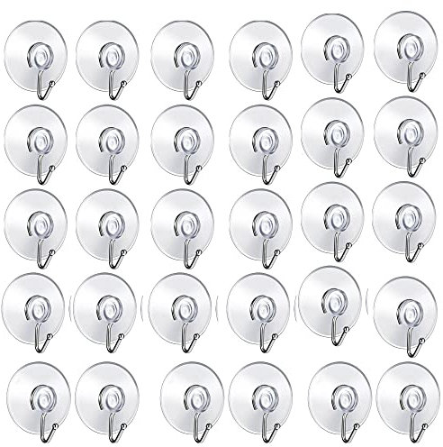 LEZED 30 Stück Transparent Kunststoff Saugnäpfe mit Haken Saugnapf Haken für Fenster Saugnapfhalter mit Haken Saugnapf und Metallhaken für Glas Spiegel Fliesen Fenster Küche Badezimmer 40mm