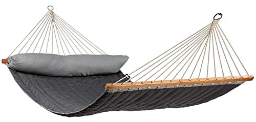 Tropilex American Doppel-Hängematte in Grau mit Spreizstangen - Amerikanische Stoffhängematte mit Kissen und Aufbewahrungstasche - 210x115 cm, Belastbar bis 180 kg - Perfekt für Garten und Camping