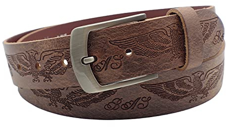 NK Belt GmbH Handgemachter Herren Ledergürtel aus Büffelleder braun, Made in Germany, Anzug Jeans Gürtel, Adler Prägung 38mm #P-09