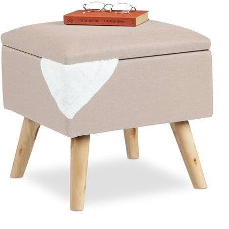 Relaxdays Hocker mit Stauraum, Kunstleinen-Bezug, gepolstert, Holzbeine, Fußhocker mit Deckel, HBT 40x40x40 cm, beige, 10029605_127