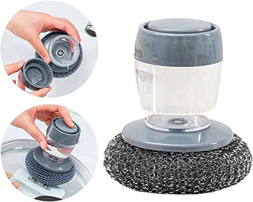 Soap Dispensing Palm Brush,Washing Up Brush Dish Brushes Scrubbing Brush With Handle PET and Wire Ball Soap Dispenser Brush for Kitchen, Suitable for Kitchen, Bathroom (Steel wire)