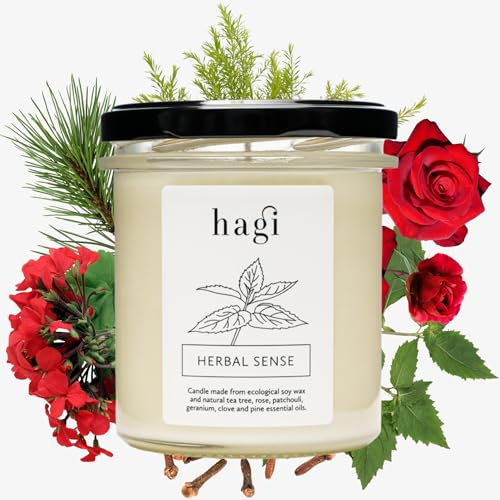 Hagi Herbal Sense Sojakerze | Brenndauer ca. 75 h | Duftkerze im Glas | Ökologisches Sojawachs | Kräuter Duft | mit Teebaumöl, Rosenöl, Patchouliöl