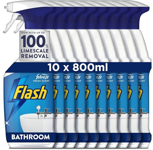 Flash Bathroom Cleaner Spray, 8 Litres (800 ml x 10), Bathroom Cleaning, Limescale Remover & Long Lasting Shine With Febreze Freshness, Bath Cleaner