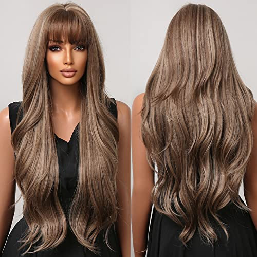 Braune Perücken für Schwarze Frauen Lange Wellige Ombre Blonde Perücken Mit Bangs Synthetische Perücke Haar Repalcement Perücken