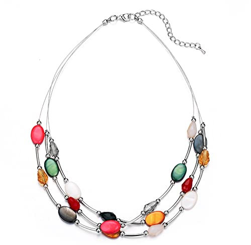 Bulinlin Damen Silber Perlenkette mit Kristall Statement Mehrreihige Boho Choker Halskette Modeschmuck Geburtstagsgeschenke für Frauen (13-Colorful)