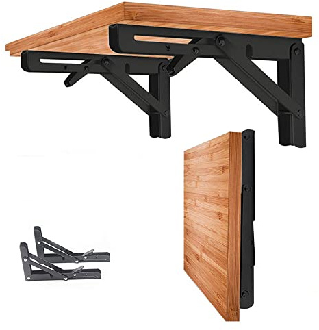Hniuyun 2Pcs Folding Shelf Brackets, Heavy Duty Stainless Steel Shelf Bracket for Table Work Space Saving DIY Bracket（Black） (30cm)