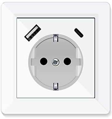 Steckdose mit USB Anschlussund Typ C (Max. 3.4A) USB Steckdose Unterputzdose Schuko USB Steckdose Wandsteckdose Ladegerät für Handys Tablet,mp3 System 55 Reinweiß Sockeltiefe nur 32mm