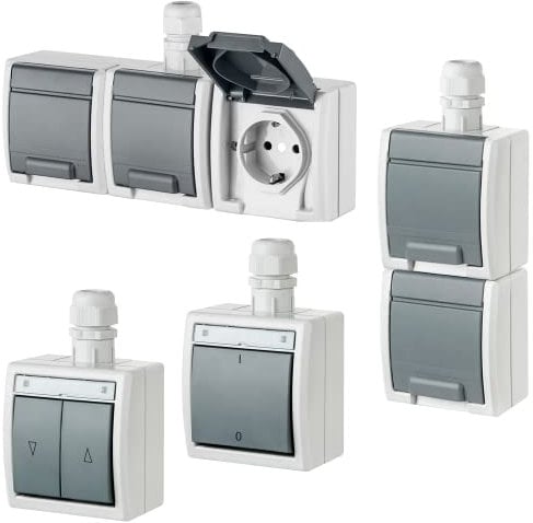 asvendo elektro Aufputz-Serie/Steckdosen/Schalter/Taster/Jalousietaster/Klingeltaster/hellgrau / IP65 / wassergeschützt, feuchtraumgeeignet (3-fach Steckdose)