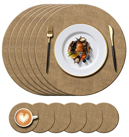 KERYCHIN 6 Round Leather Placemats(34cm) + 6 Coasters(10cm) Set, Heat-Resistant 212 °F PU Place mats, Non-Slip and Washable, Table Mats for Home, Hotel, Dining Table, Indoor, Outdoor, (Beige)