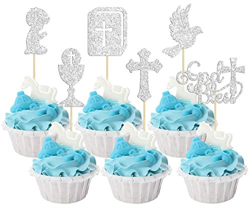Gyufise Cupcake-Topper für Jungen, Gott, Segen, Glitzer, Taube, Kelch, Bibel, Kreuz, Cupcake-Picks, Erstkommunion, Kuchendekorationen für Gott, christliche Taufe, Babyparty, Jungen, Geburtstagsparty,