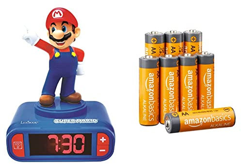 Lexibook - Nintendo Super Mario - Réveil Veilleuse, Personnage Lumineux, Choix de 6 alarmes, 6 Effets sonores, Bleu/Rouge - RL800NI & Amazon Basics Piles alcalines 1,5 V - Lot de 8
