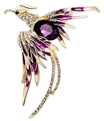 Broche bijou oiseau phoenix doré et cristal violet en acier inoxydable.
