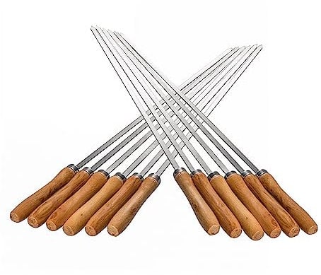 IMEEA Spiedini piatti da 42 cm, in acciaio inox, per barbecue, con manico in legno, per grigliare, set di 12