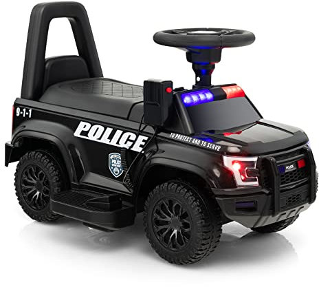 COSTWAY Kids Electric Ride on Car, 6V Battery Powered Police Cars with Side Megaphone, Horn, Flashing Light, Siren Sound, Wide Footrest and Underseat Storage, for 18-60 Months (Black)