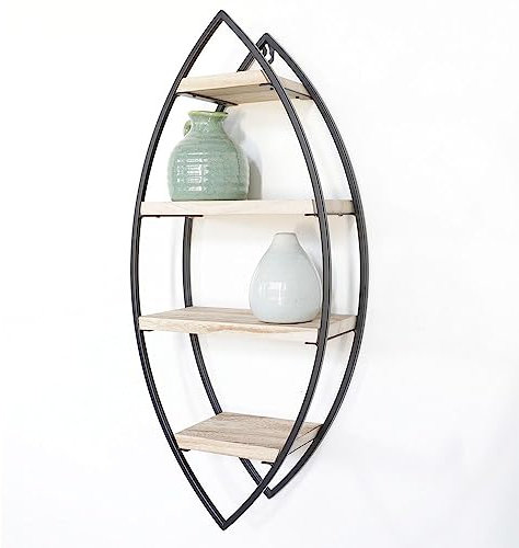 IVOL Design Metall Wandregal - Schwarz - Oval mit 4 Holzböden (36 x 80 cm)