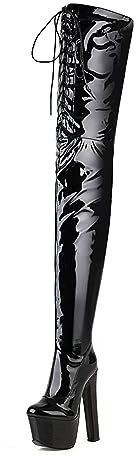 WOkismD Stivali alla Moda con Tacco Grosso sopra Il Ginocchio Stivali a Punta Tonda Stivali Alti alla Coscia per Donna Tacchi Alti con Plateau e Tacco Alto con Cerniera Laterale Scarpe,Nero,44
