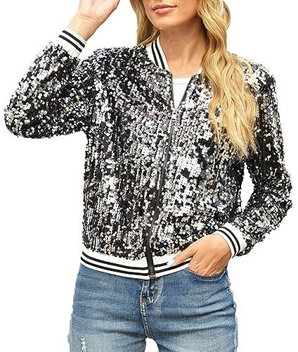 Damen Glitzer Pailletten Dünne Rib Rop Langarm Reißverschluss Bomberjacke Fliegenjacke Bikerjacke Jacke (Schwarz, XXL)