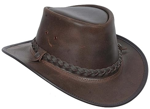 Original Australian Bush Hat Real Leather Cowboy Style Black Brown (L, Brown)