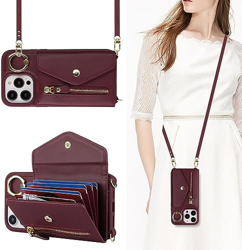 Havaya Cover iPhone 14 Pro Max con cordino Porta Carte Custodia iPhone 14 Pro Max con cerniera cordino Ring portafoglio donna Regolabile cordino Cover per donna - Borgogna