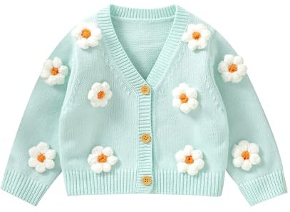 Geagodelia Cardigan in Maglia Bimba Maglione Casual Warm 3D Fiore Bolero Maniche Lunghe Girocollo Abbottomare Giubbotto per Bambinia (B Azzurro, 12-18 Months)