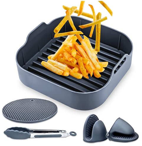 Tancofi Set de Accesorios para Freidora sin Aceite - 4 Piezas: Molde de Silicona[21cmX7]Guantes,Pinzas y Esterilla de Silicona - Compatible con Freidoras de Aire Ninja, Cecotec, COSORI y Más