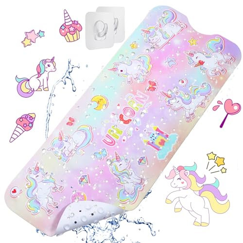 Tapis de Baignoire Antidérapant Bebe, 100x40cm Tapis de Bain Anti Glisse Tapis de Douche Résistant avec 200 Ventouse pour Enfants et Bébé, Matériel de PVC sans BPA Lavable en Machine(Licorne)