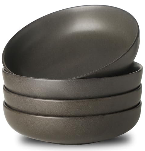 Tikooere Stoneware Pasta Bowls, 34 oz Large Salad Bowl Set of 4, Ceramic Serving Bowls for Ramen, Pasta, Fruit, Cereal, Dinner, Wide and Shallow Bowls, Microwave & Dishwasher Safe, Matte Black