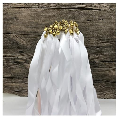 Hrlace Lot de 50 serpentins de mariage avec ruban de clochette - Baguettes magiques - Baguettes de fée - Baguettes porte-bonheur - Baguettes de fée en soie - Pour mariage, anniversaire, fête - Blanc