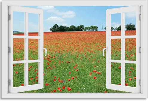 timalo Wandbild Outdoor wetterfeste Bilder für draußen | Gartenbilder Innen & Außen | Landschaftsbilder Acryl Glas Fensterblick Effekt | 120x80cm Wiese Mohn Natur
