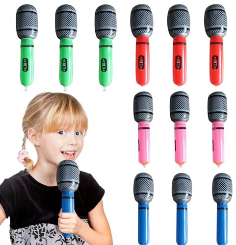 12Pcs Inflatable Microphone Set, Balloon Microphone, Blow Up Toy Microphone Party Accessories Props, Star Party Supplies Christmas Birthday Party Gifts Stage Performance 10 Inches (4 Colors)