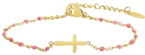 HMOOY Kreuz Perlen Armband, Personalisierte Partner Paar Armband Kommunion Kreuz Konfirmation Geschenke Christliche Armbänder Einstellbare Damen Armband Geschenke