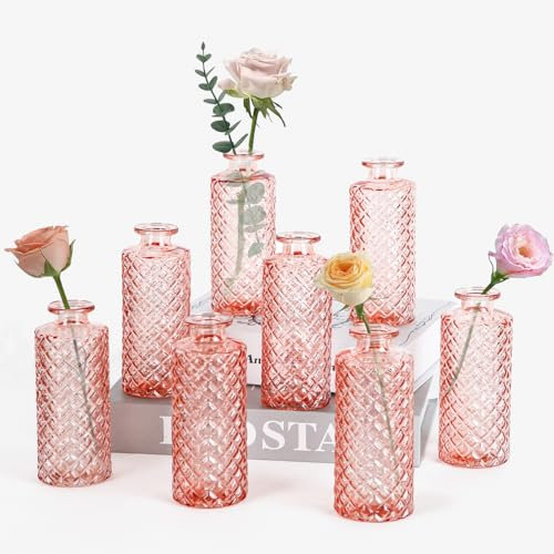 Sawoake Kleine Vasen, 8 Stück Glasvasen für Tischdeko Mini Vasen Glasfläschchen für Zuhause, Hochzeiten, Geburtstage, Feste (Rosa Diamant)