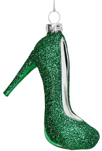 Christbaumschmuck 9,4cm Glas - High Heel Figur zum Aufhängen - handbemalt & mit Glitzer - Weihnachtsbaum Anhänger für Weihnachten - Christbaumanhänger & Weihnachtsbaumschmuck - Damen Schuh Dunkelgrün
