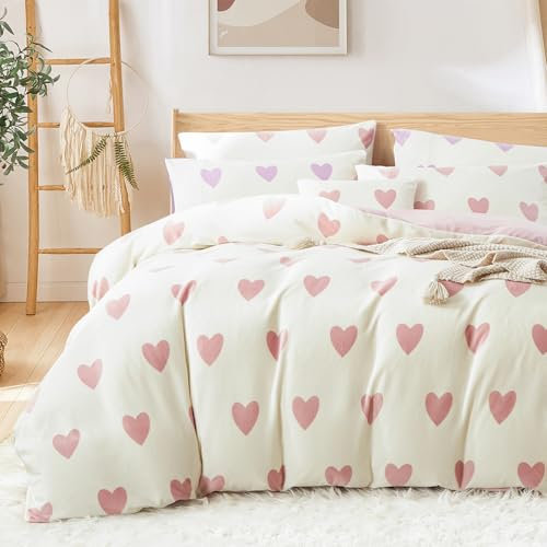Covebett Flanelle Housse de Couette 220x240 Cœur Rose et Blanc Amour Hiver Chaude Parure de lit Polaire Peluche Réversible Linge de Lit Adulte 2 Personnes Fermeture Éclair + 2 Taie d'oreiller 65x65