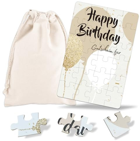 Geburtstagskarte, Gutscheine zum selber ausfüllen, 24-teilig Happy Birthday Puzzle mit Baumwoll-Säckchen, Gutschein Geburtstag, Wunschgutschein, Lustige Geburtstagsgeschenk für Frauen Freundin